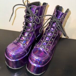 Demonia Camel 203. Holographic Purple Lace-Up Platform Boots